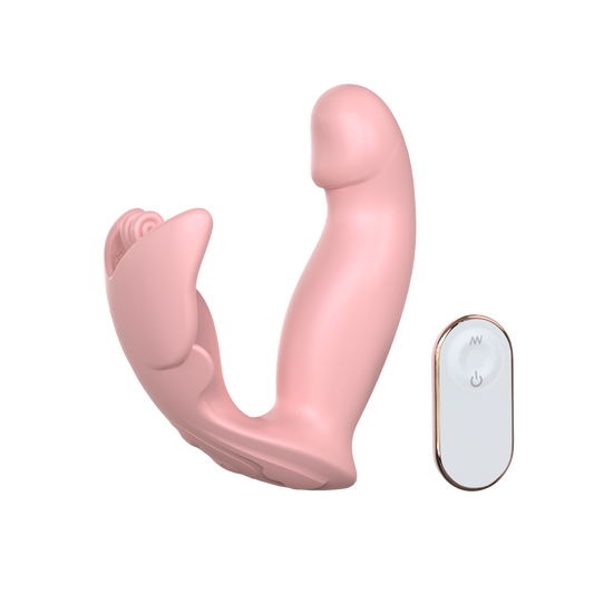 Butterfly-inspired dual vibrator with a white remote control on transparent background