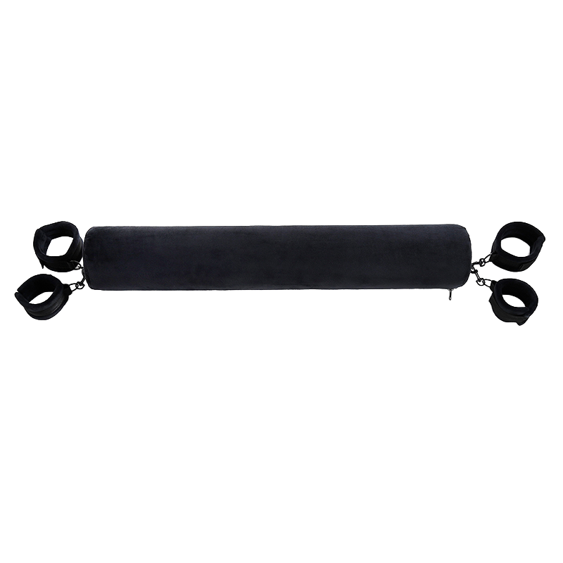 Black cylindrical spreader bar with four attached cuffs on both ends