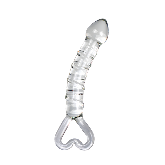 Clear dildo with a curved design and heart handle on a white background