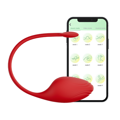 Red egg-like dual vibrator with a smartphone displaying app interface on a white background