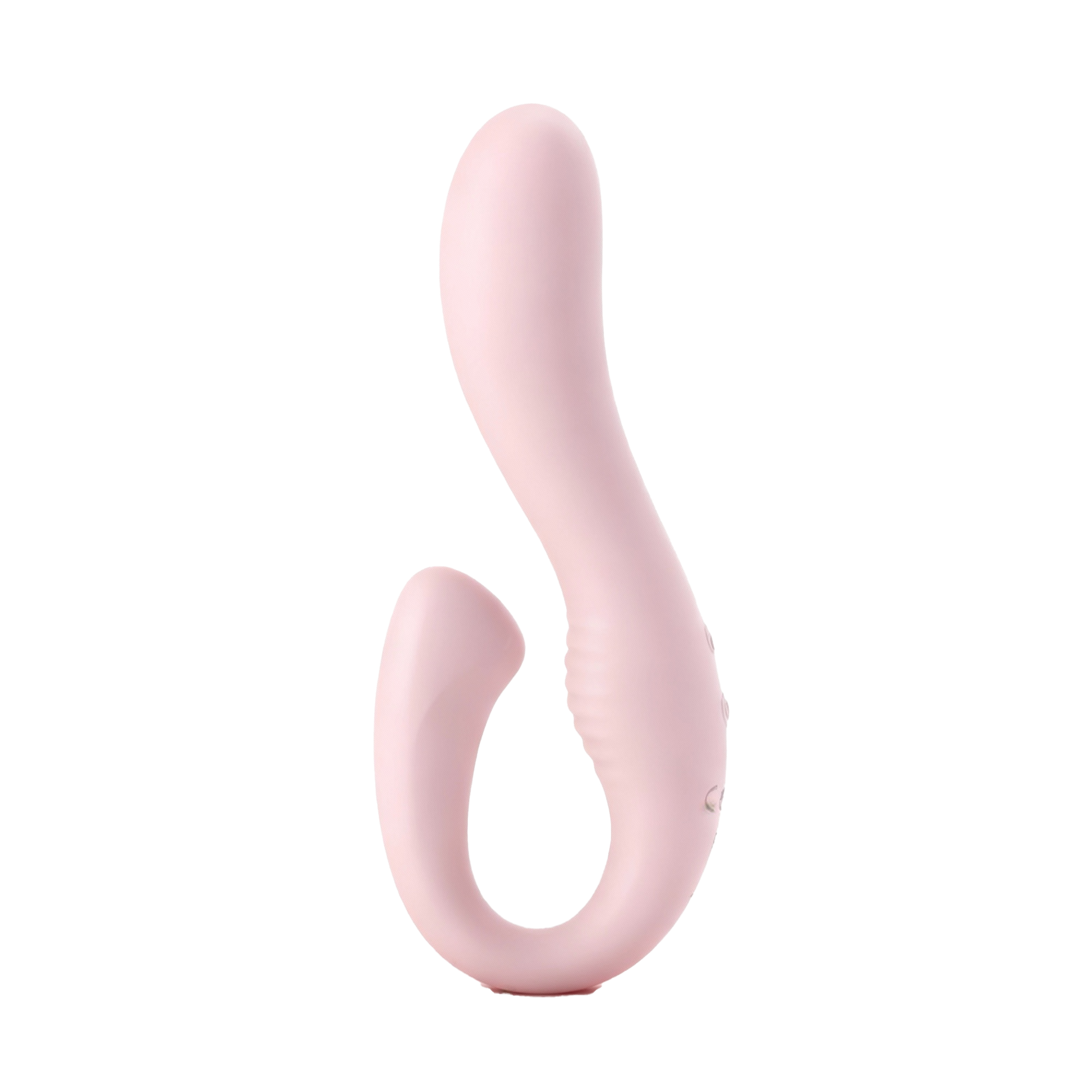 Pink silicone dual vibrator on a white background