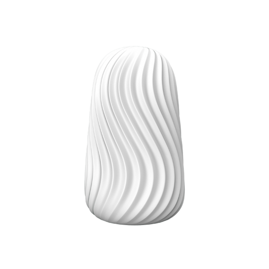 White egg-shaped male masturbator with curved ridges design on a transparent background